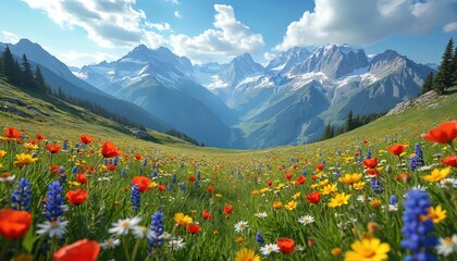 Colorful wildflowers bloom in meadow on sunny summer day. Scenic mountain range with snow-capped peaks in background. Beautiful green valley landscape for travel, hiking, eco tourism. Idyllic outdoor