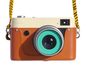 Close-up of retro-style camera with brown leather case, teal lens, and yellow striped strap