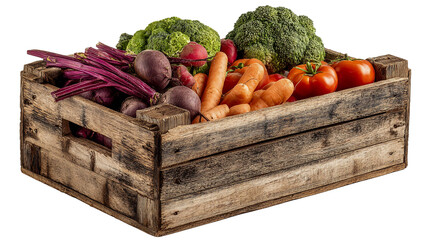 Fresh organic vegetables in rustic wooden crate, harvest produce isolated on transparent background