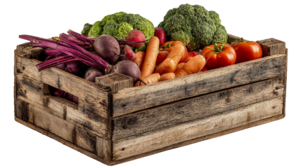 Fresh organic vegetables in rustic wooden crate, harvest produce isolated on transparent background