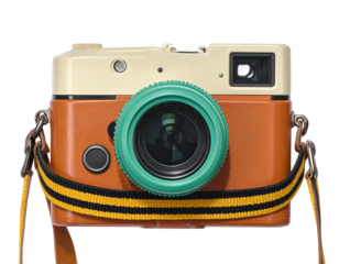 Retro camera with leather case and a colorful, striped shoulder strap, isolated on white