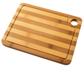 Wooden cutting board with a juice groove and a round hole for hanging.