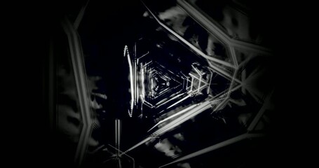 Seamless tunnel video vj loop screensaver presenting dynamic geometric shapes and patterns in black and white tones