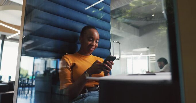 Happy woman, chatting or typing with phone in booth for social media or communication in office. Female person, employee or research with smile, mobile smartphone or cubicle for conversation or app