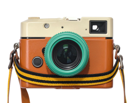Retro camera with leather case and a colorful, striped shoulder strap, isolated on white