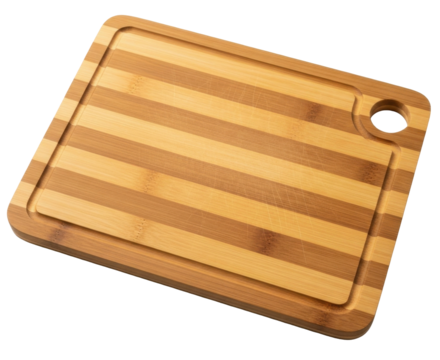 Wooden cutting board with a juice groove and a round hole for hanging.
