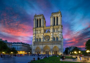 Sunset view of Cathedral Notre Dame de Paris in Paris, France. Architecture and landmarks of Paris. Postcard of Paris