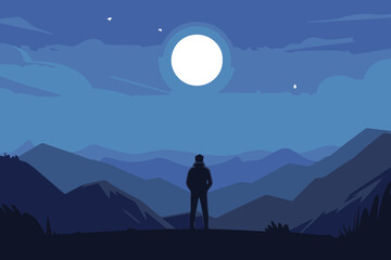 moon full moon night sky lone figure facing ridged mountain ranges
