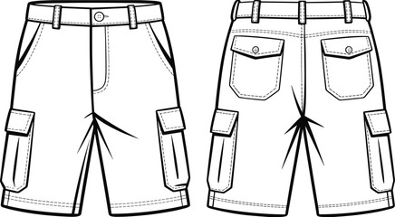 Cargo shorts technical flat sketch, detailed CAD drawing vector of front and back view, apparel design, clothing pattern illustration