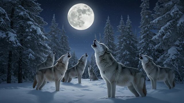 A tranquil scene of wolves howling in a snow-covered forest beneath a luminous full moon, capturing the essence of wilderness and nocturnal wildlife.