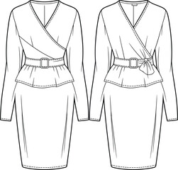 cad drawing flat vector illustration, wrap dress sketch, fashion design template, peplum detail, sewing pattern, belt buckle, garment blueprint