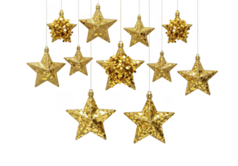 Collection of glittering golden star ornaments hanging isolated on transparent background