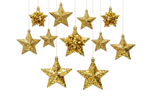 Collection of glittering golden star ornaments hanging isolated on transparent background
