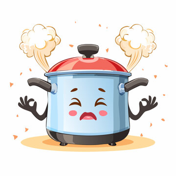 A stressed-out rice cooker is seen frantically trying to meditate, emitting tiny, frustrated puffs of steam.
