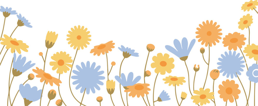 flower border vector floral frame with yellow orange blue blooms and stems