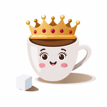 A majestic cup of coffee is wearing a tiny crown and imperiously commanding a nervous-looking sugar cube.