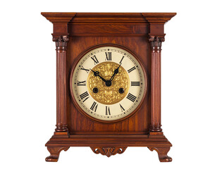 Ornate antique wooden clock, featuring a round face with Roman numerals and decorative pillars