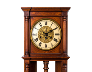 Antique wooden clock, centered view. Detailed face with roman numerals and ornate central design