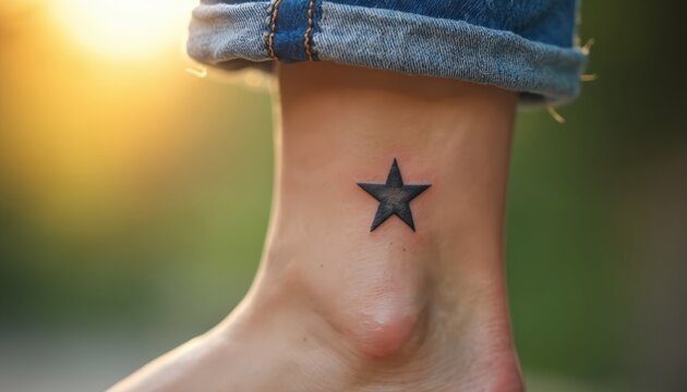 Small star tattoo on ankle skin. Body art detail. Female leg with cute ink design. Minimalist style. Trendy summer fashion. Black star on fair skin.