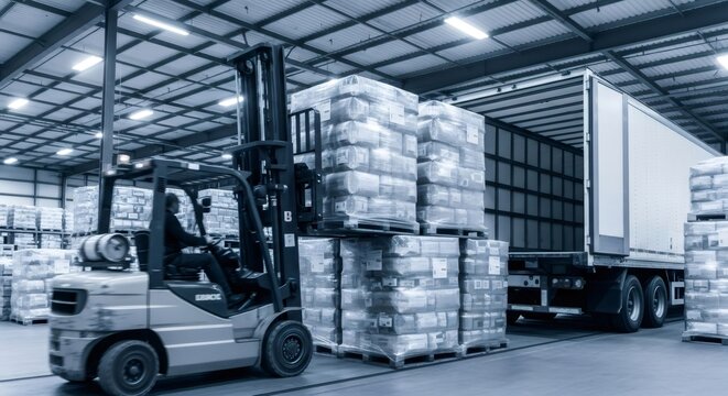 Man operating forklift to load palletized cargo into a truck trailer inside a large warehouse. Logistics and distribution concept for supply chain.