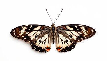 A butterfly with vibrant wing patterns, showcasing its open wings against a neutral background.