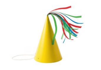 Bright yellow party hat with colorful streamers isolated on transparent background