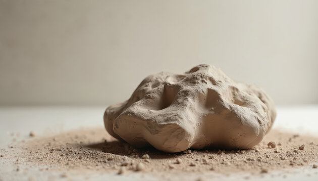 Raw, unworked lump of natural beige clay with textured, organic surface rests on light studio background. Fine clay powder surrounds earthy, moldable material. Natural product perfectly prepared for