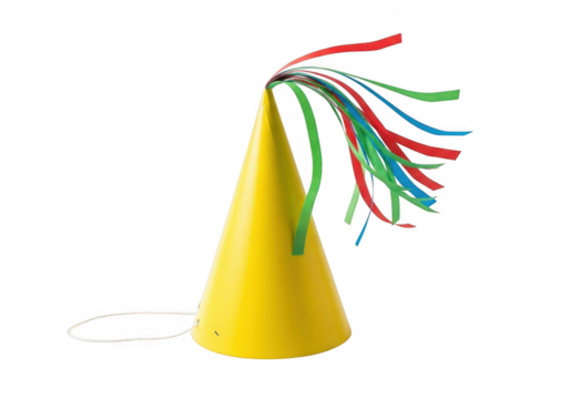 Bright yellow party hat with colorful streamers isolated on transparent background - Powered by Adobe
