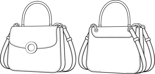 Elegant women’s handbag technical flat sketch, detailed CAD fashion bag vector illustration showing front and back view with handle design