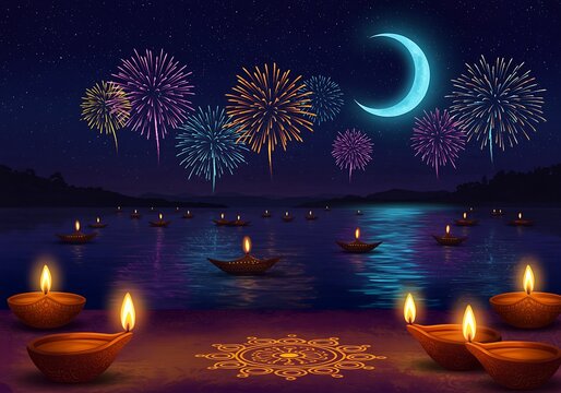 Diwali Celebration With Fireworks, Moon, And Floating Diyas On Water festival night - Powered by Adobe
