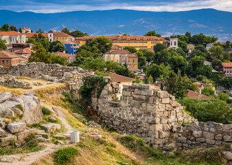Ancient ruins on top of Nebet Tepe hill in Old Town of Plovdiv, Bulgaria