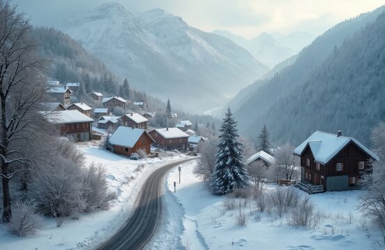 Small village nestled in snowy mountains. Wooden houses with snow covered roofs line a winding road. Evergreen trees dot the tranquil winter landscape. Serene scene.