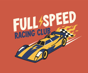 Full Speed Racing Club.Retro Race Car Illustration.Vintage Sport Vehicle Emblem.Formula Speed Vector Art.High Velocity T-shirt Graphic