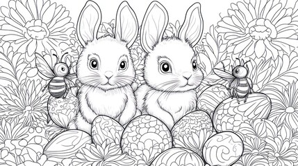 Fototapeta premium Easter bunnies amidst flowers and eggs, coloring page