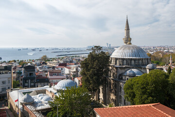 Cityscape view with domed buildings and sea in Istanbul, Turkey