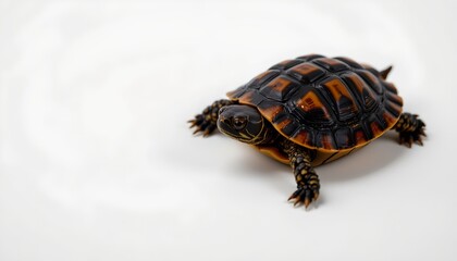 Obraz premium A single turtle on a white surface with one side in sharp focus while the other remains slightly blurred, creating a sense of depth.