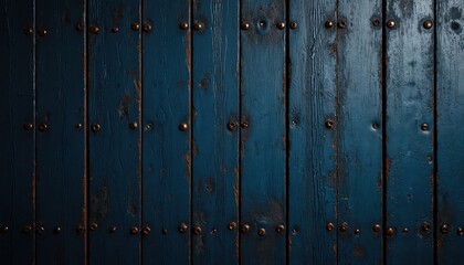 Dark blue wooden planks with rusty metal rivets. Vertical boards show weathered texture and aged paint. Surface is rough and worn with visible grain. Industrial or rustic backdrop.