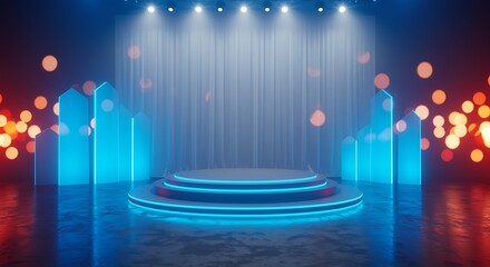 Futuristic stage with tiered podium, blue lights, and bokeh effects platform display