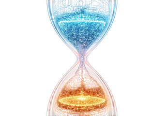 Abstract hourglass with glowing blue and orange particles isolated on transparent background