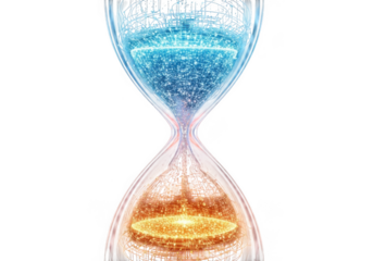 Abstract hourglass with glowing blue and orange particles isolated on transparent background