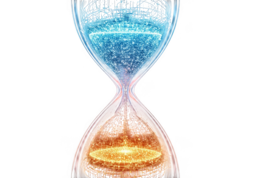 Abstract hourglass with glowing blue and orange particles isolated on transparent background