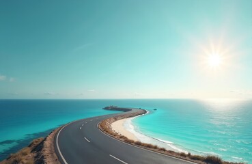 Empty asphalt road curves towards the turquoise sea and vast horizon under bright sunny sky. Coastal drive leads to remote destination. Scenic ocean view inspires travel.