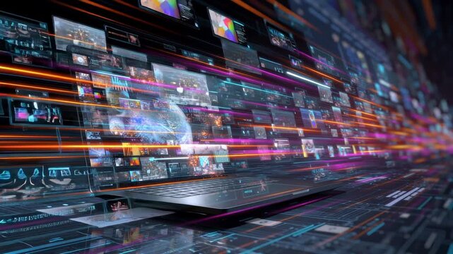 Dynamic futuristic technology visualizes data through vibrant holograms and interactive elements in a high-speed digital environment - Powered by Adobe