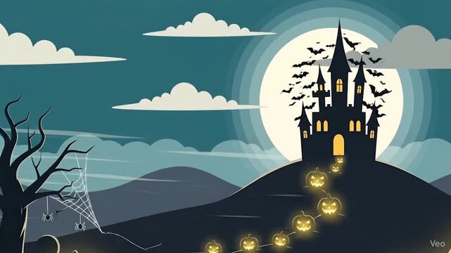 Spooky Halloween night with haunted castle and glowing pumpkins under a full moon, perfect for eerie seasonal ads and ghostly celebrations