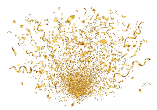 Explosion of golden confetti and streamers isolated on transparent background