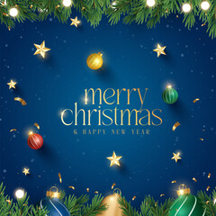 Naklejka premium Merry Christmas decoration with christmas balls and bells with fir branches and Christmas lights background. Bright Christmas and New Year design holiday frame. 