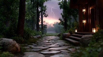 A forest path leads to a wooden cabin under a stormy lightning filled sky at dusk