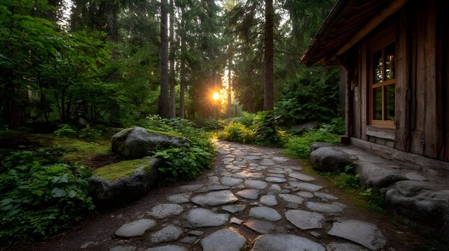 A stone pathway leads through a lush forest bathed in the warm glow of a setting sun with a rustic wooden cabin visible to the side - Powered by Adobe