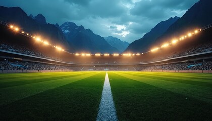 Illuminated football stadium sits among huge mountains at dusk. Green grass field ready for game. Crowd fills grandstands watching event. Bright lights shine on pitch. Sport venue with full spectator