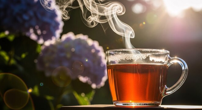 Steaming Cup of Tea in Morning Sunlight with Hydrangea Flowers